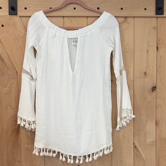 White Off-Shoulder Tassel Top bathing suit coverup - Picture 1 of 1
